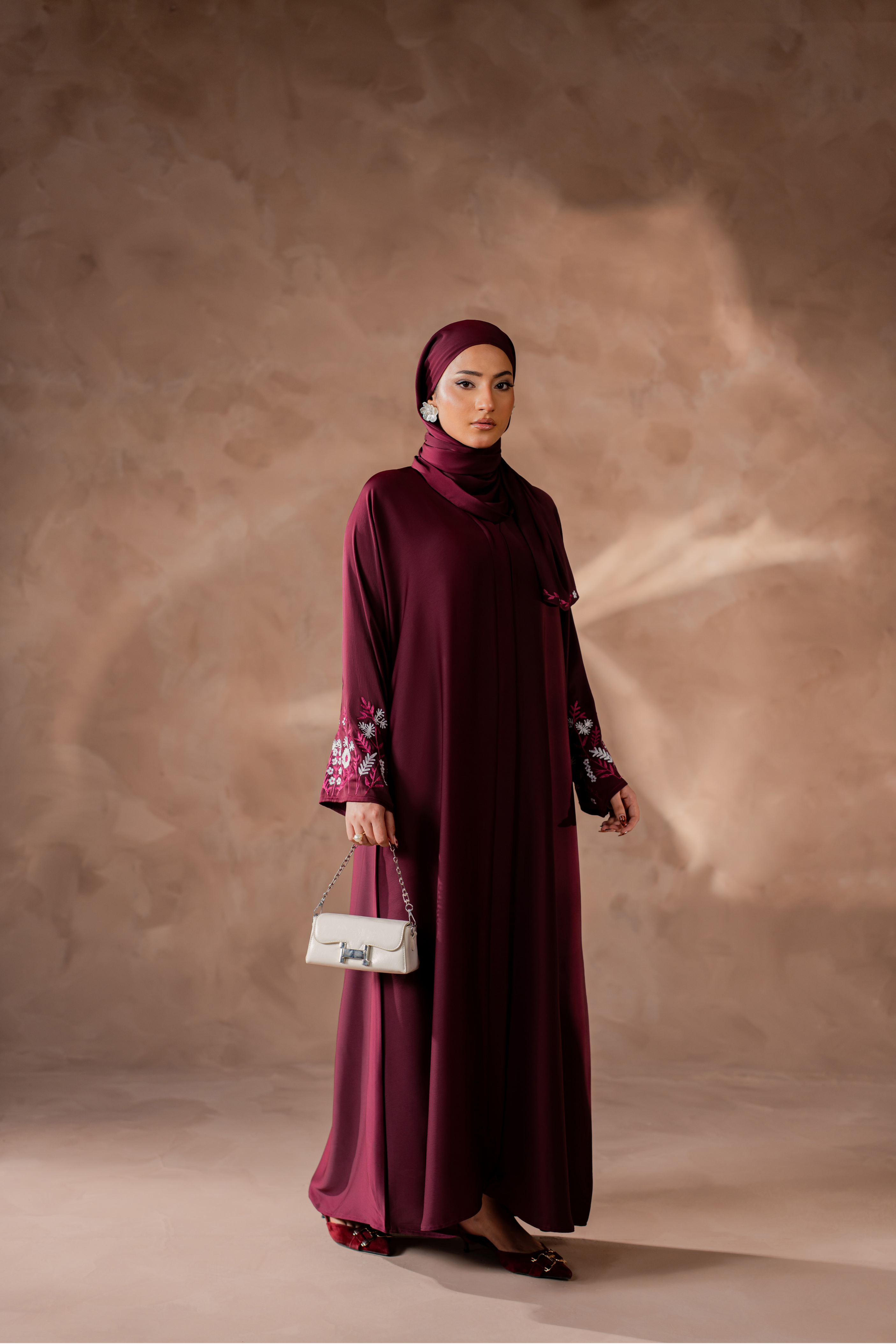 Maroon color front open nida abaya with matching hijab