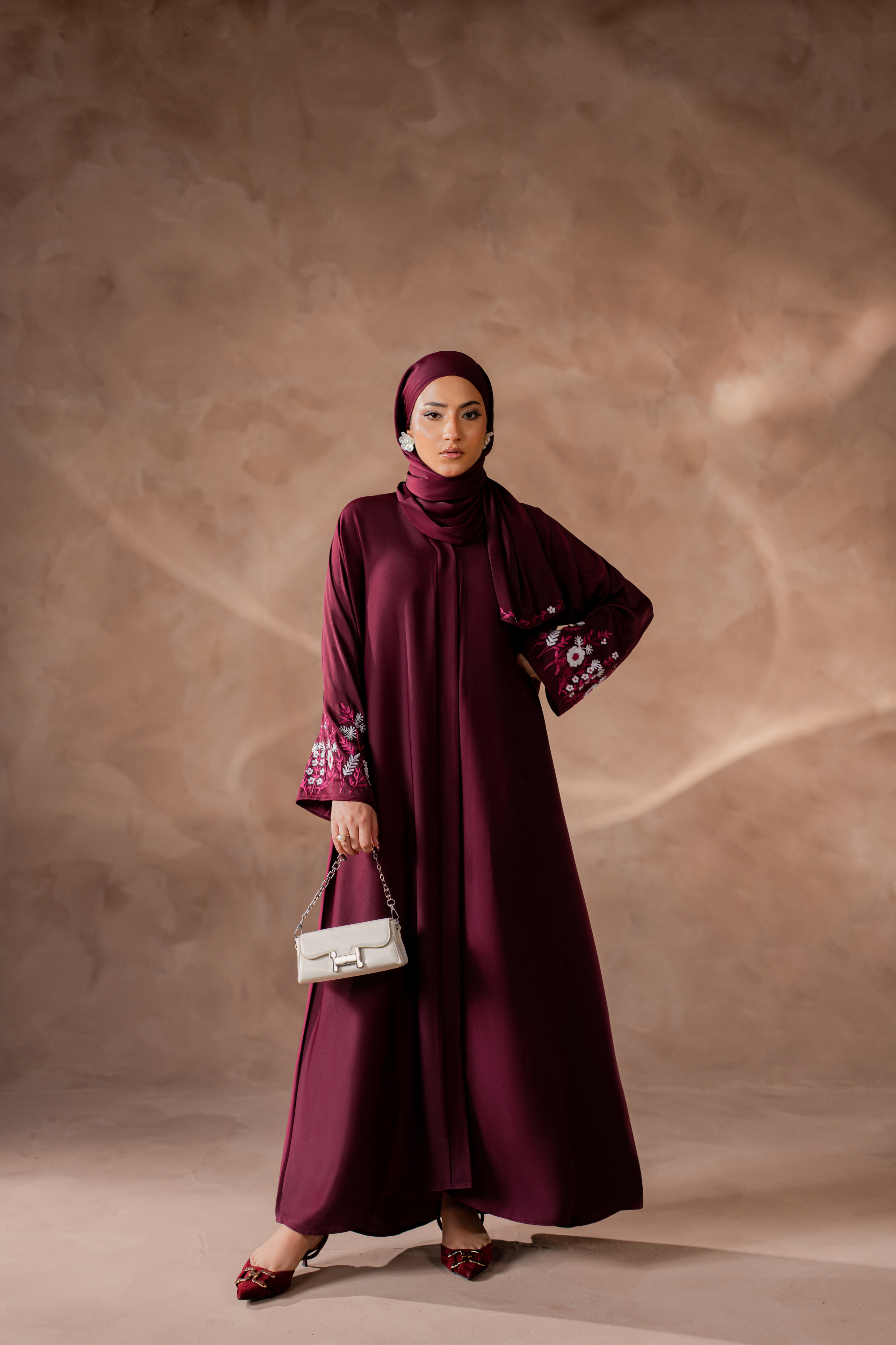 Maroon color front open nida abaya with matching hijab
