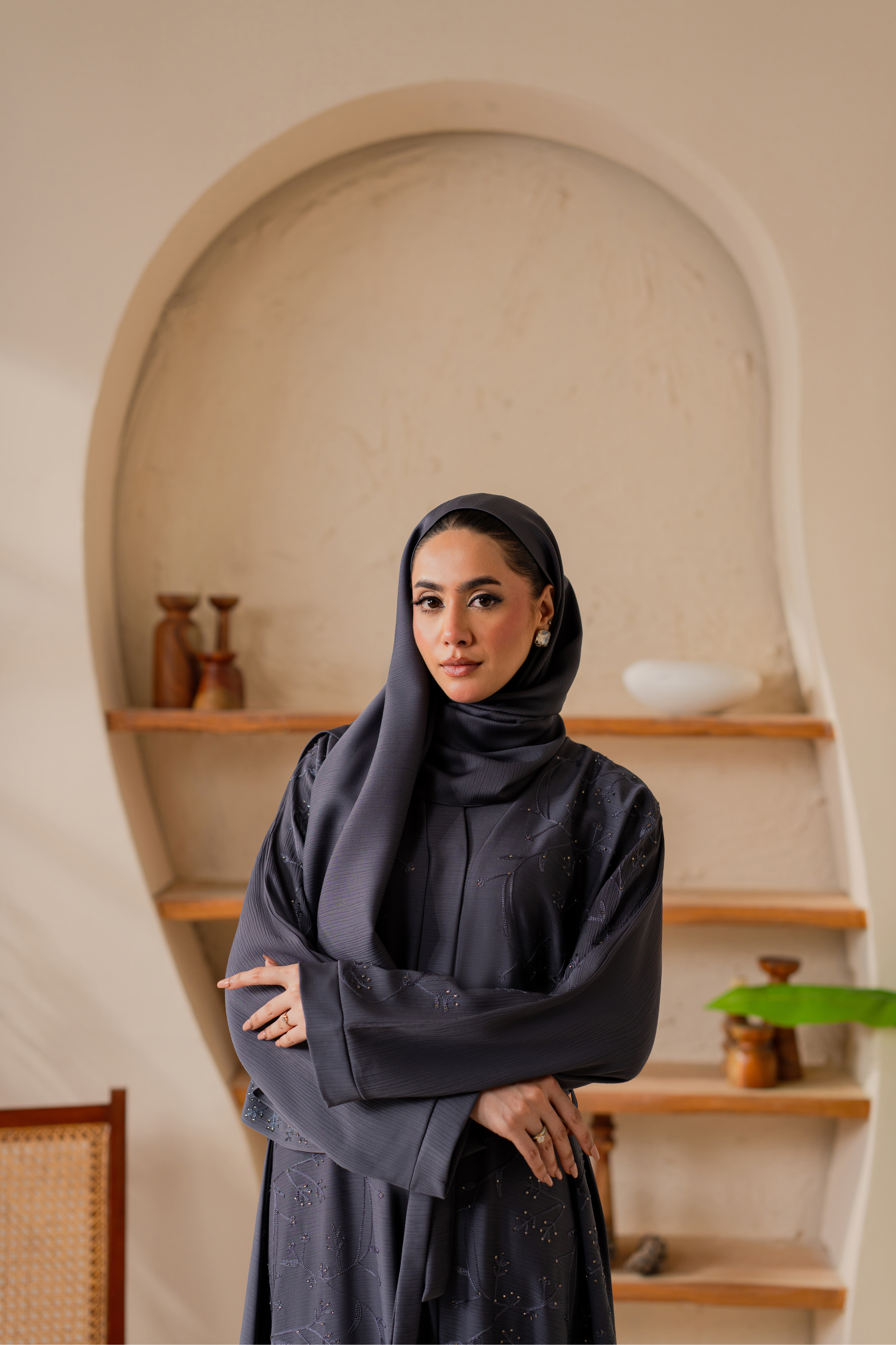 Gray Embroidered front open abaya with matching Hijab