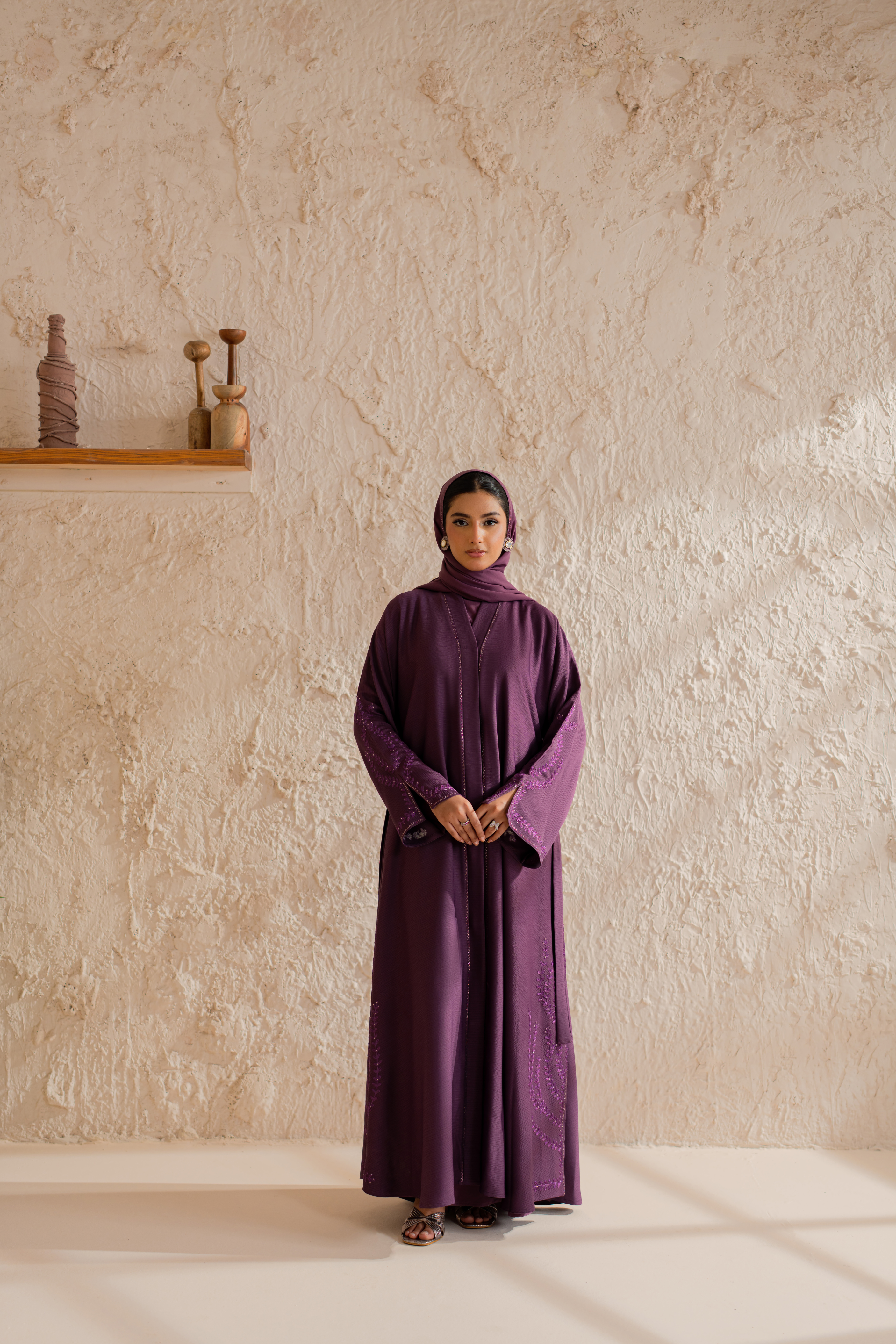 Purple nida front open abaya with matching hijab