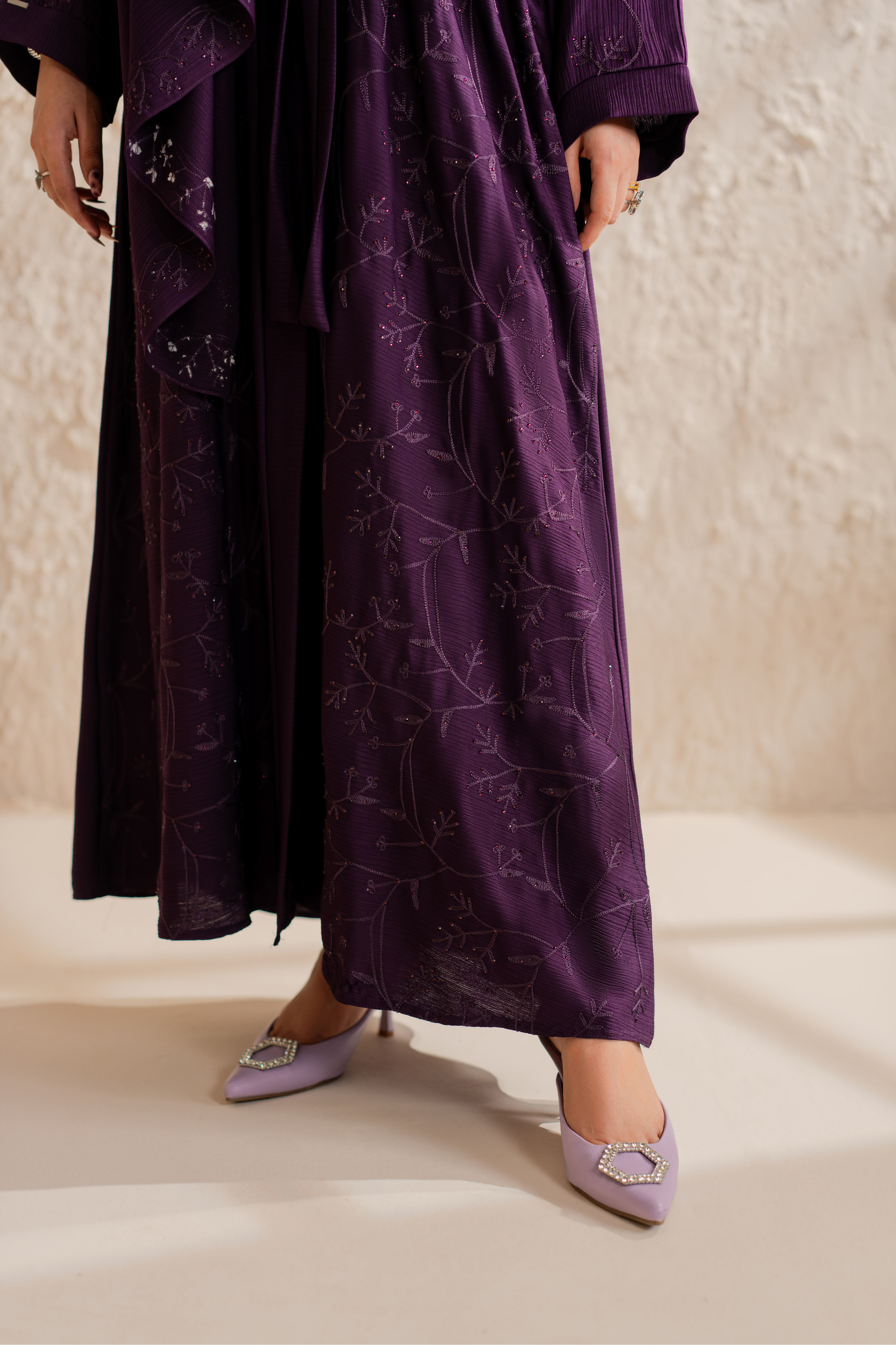 purple Embroidered front open abaya with matching Hijab