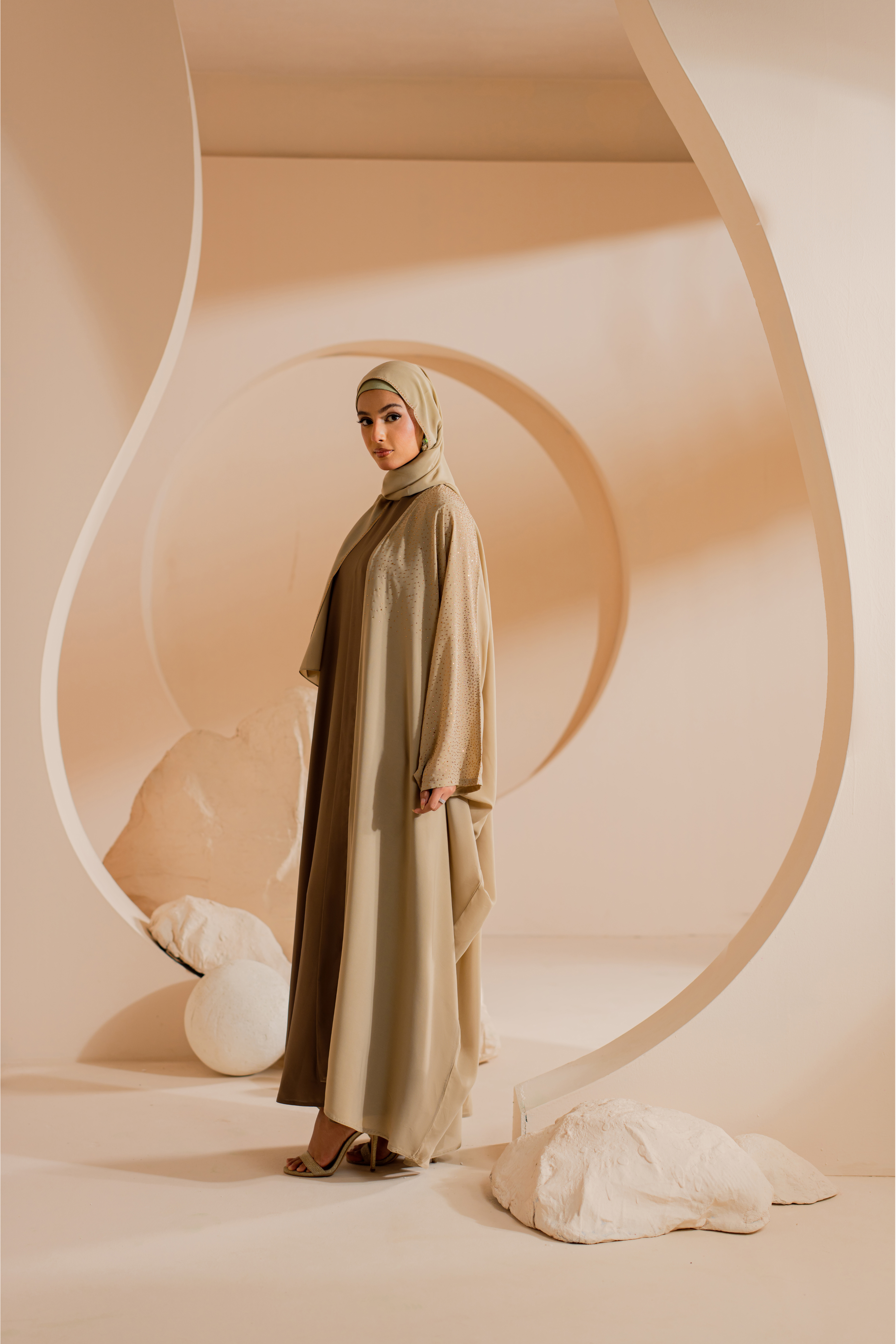 camel 3 Set front open abaya with Matching Hijab