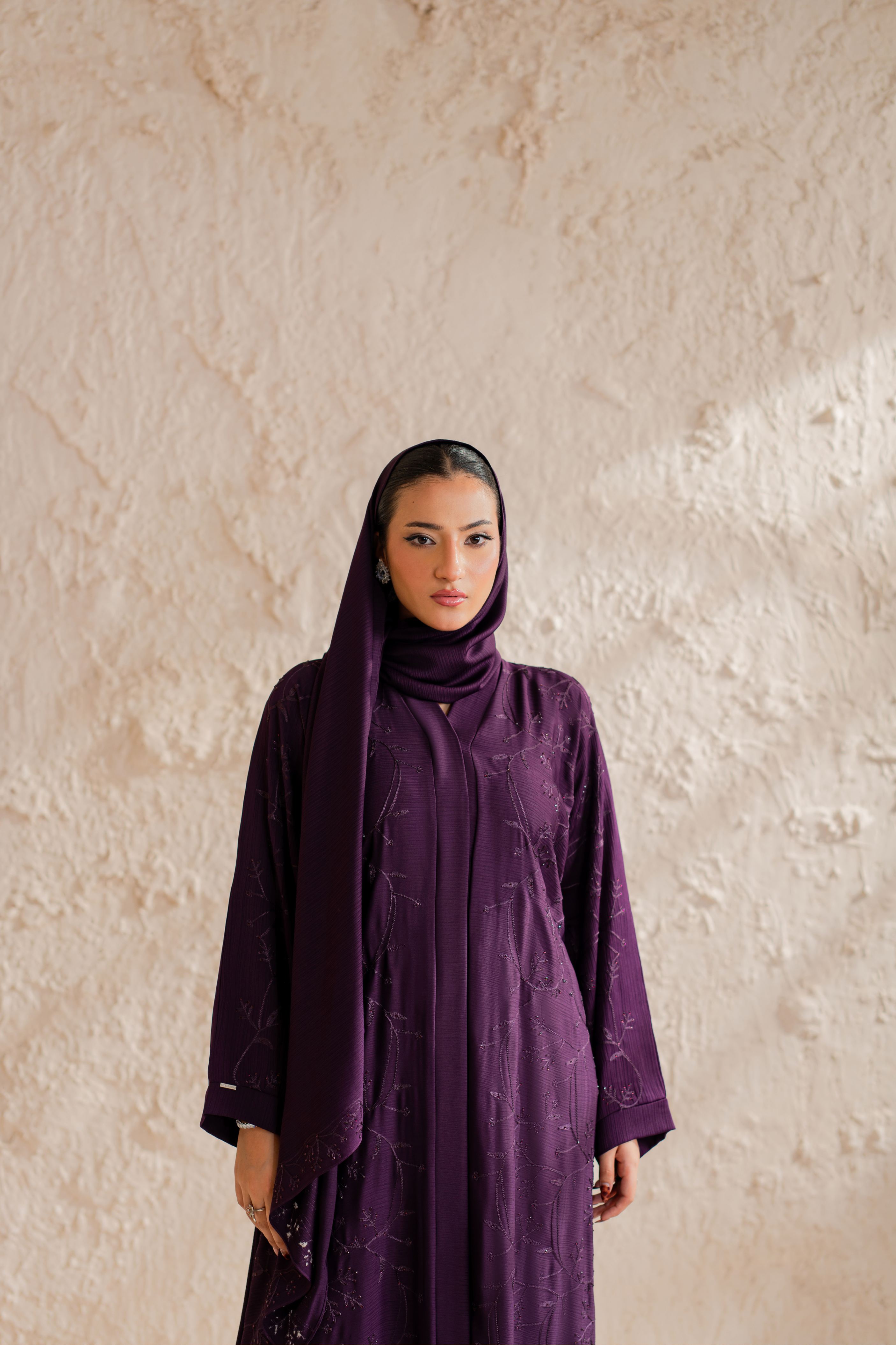 purple Embroidered front open abaya with matching Hijab