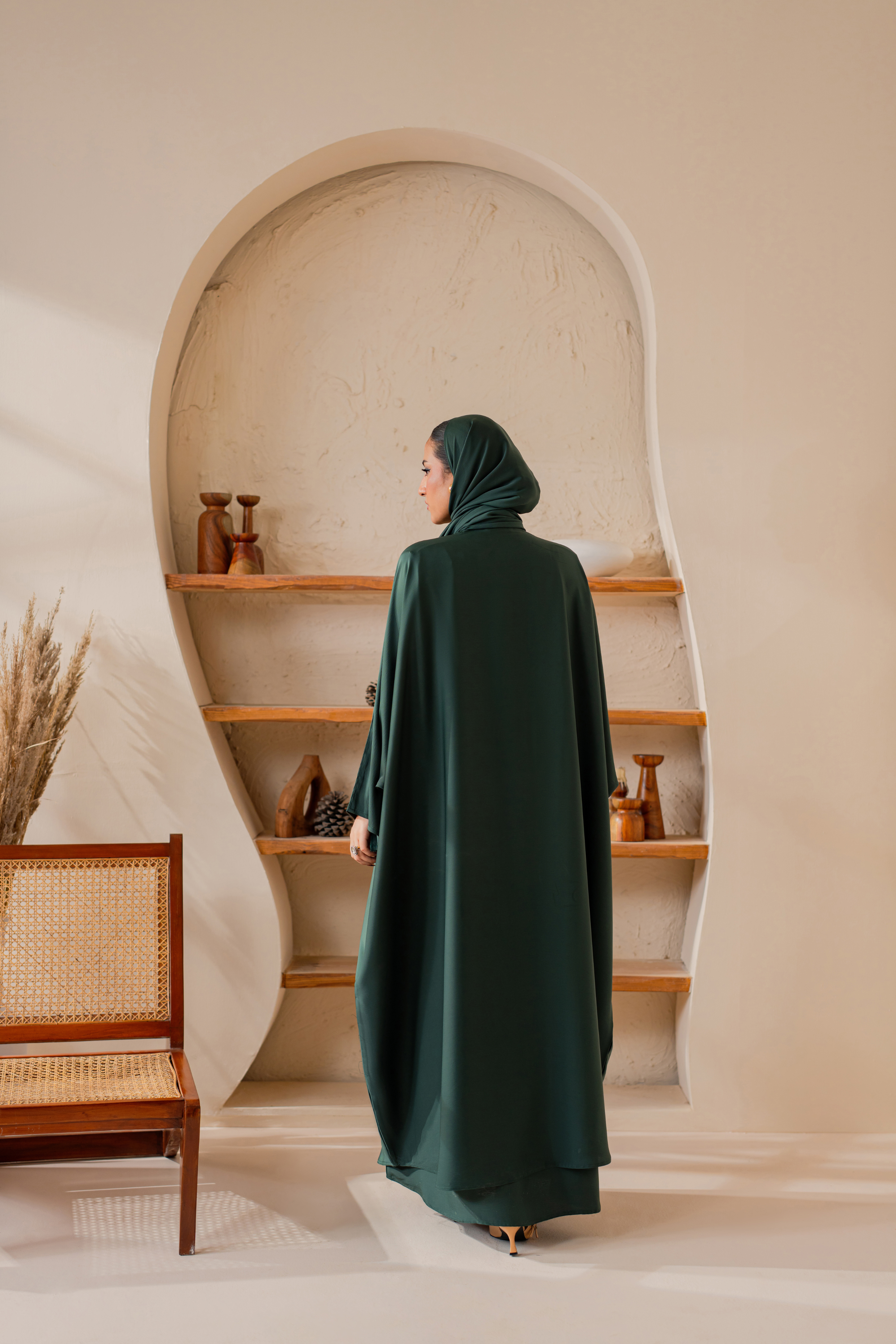 Green front open nida abaya with matching hijab