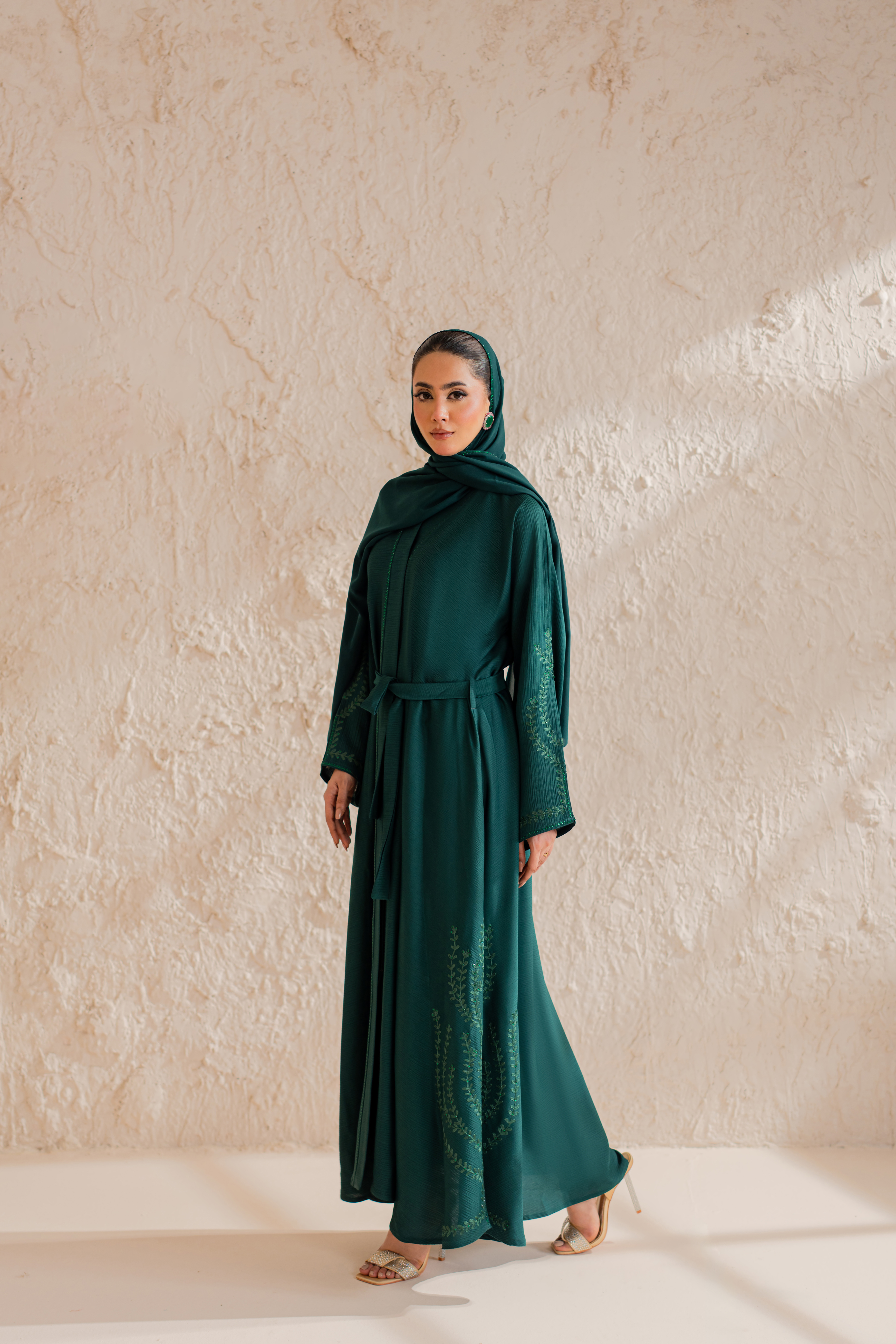 dark green nida front open abaya with matching hijab
