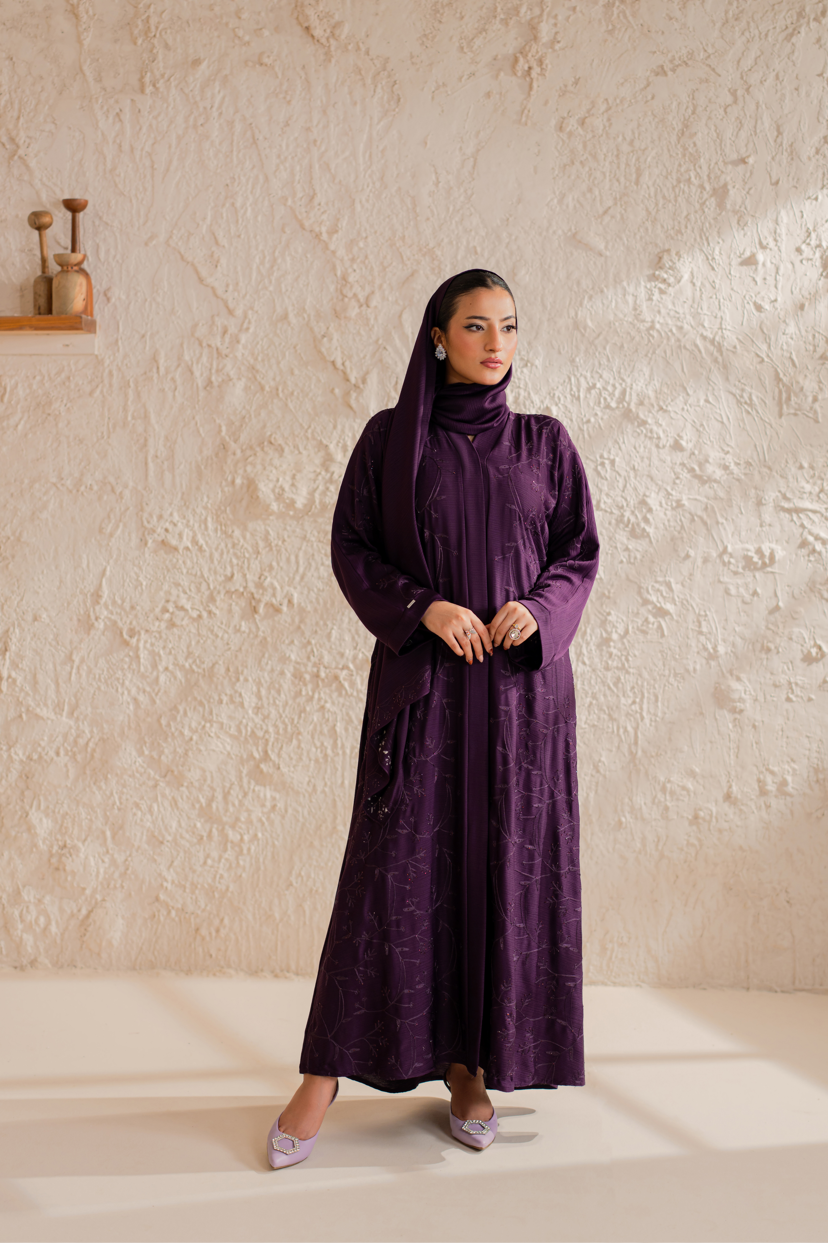 purple Embroidered front open abaya with matching Hijab