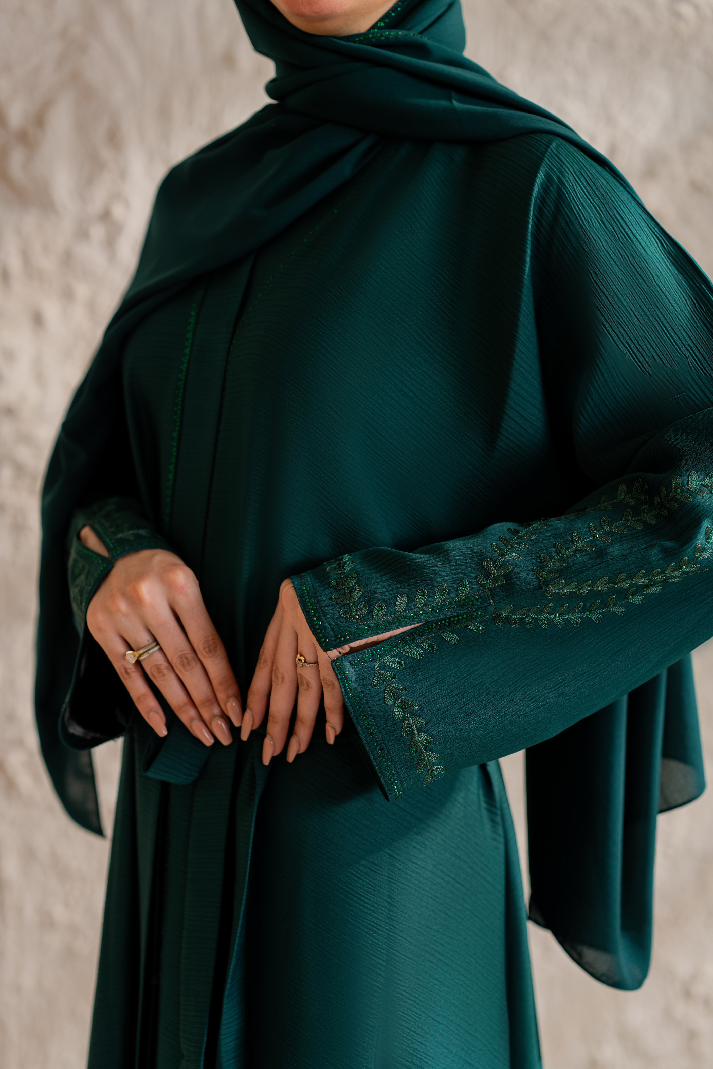 dark green nida front open abaya with matching hijab
