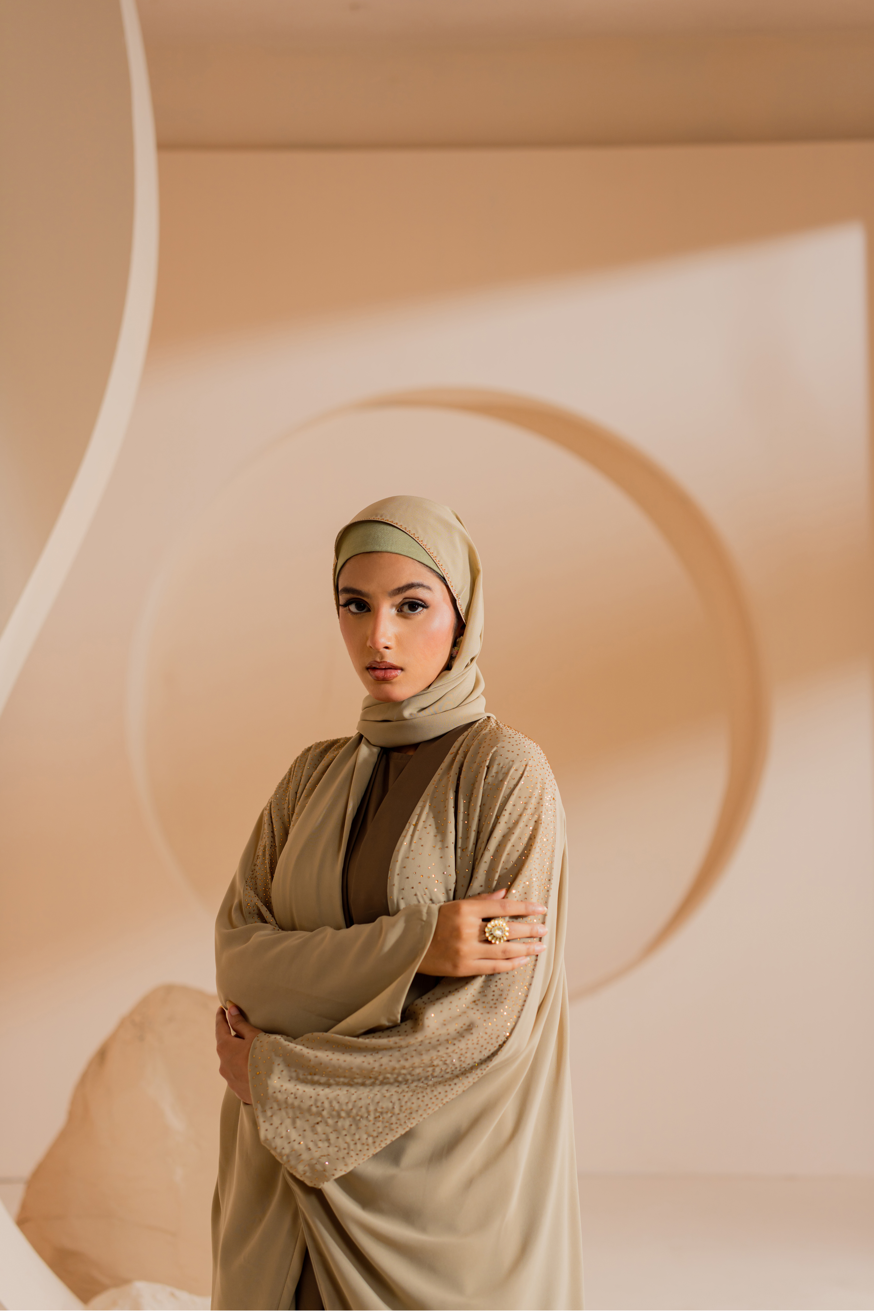 camel 3 Set front open abaya with Matching Hijab