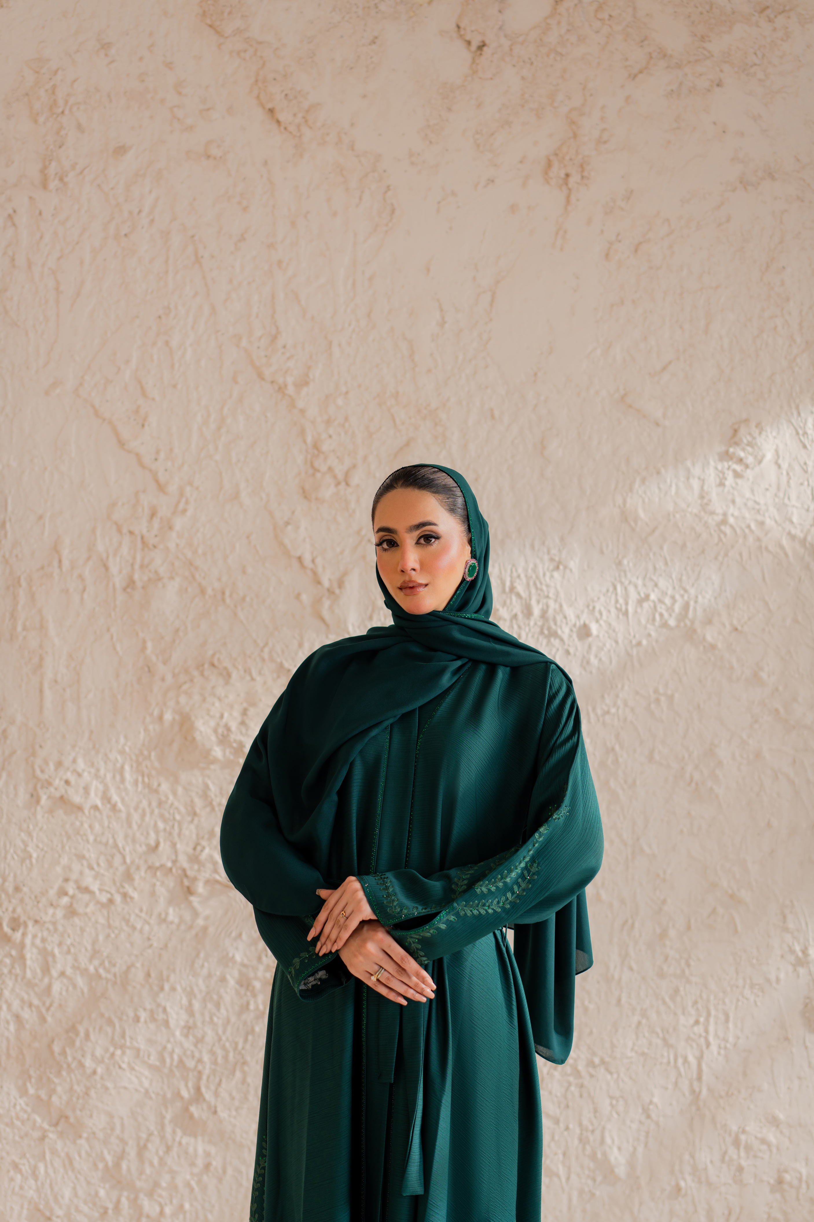 dark green nida front open abaya with matching hijab