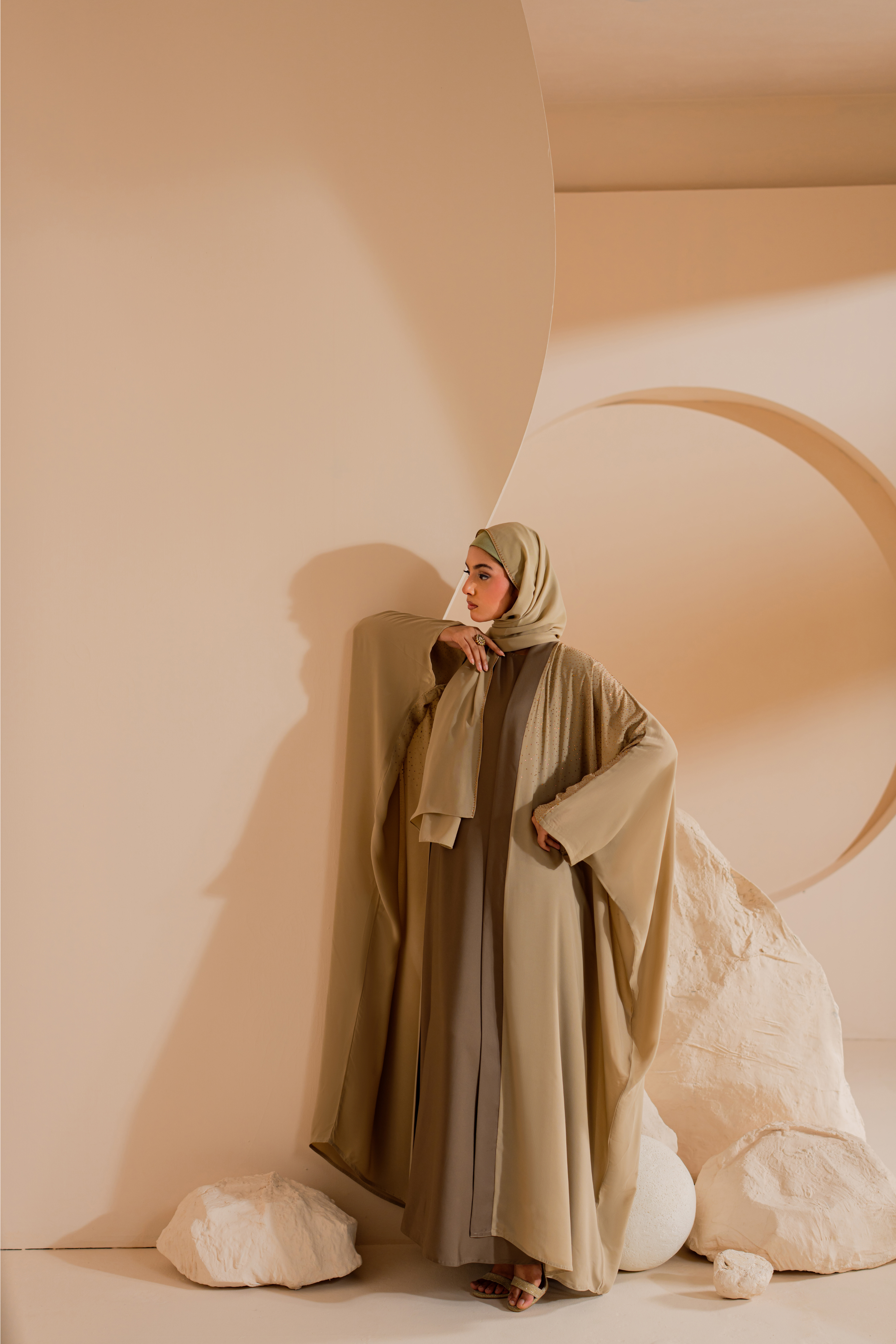 camel 3 Set front open abaya with Matching Hijab