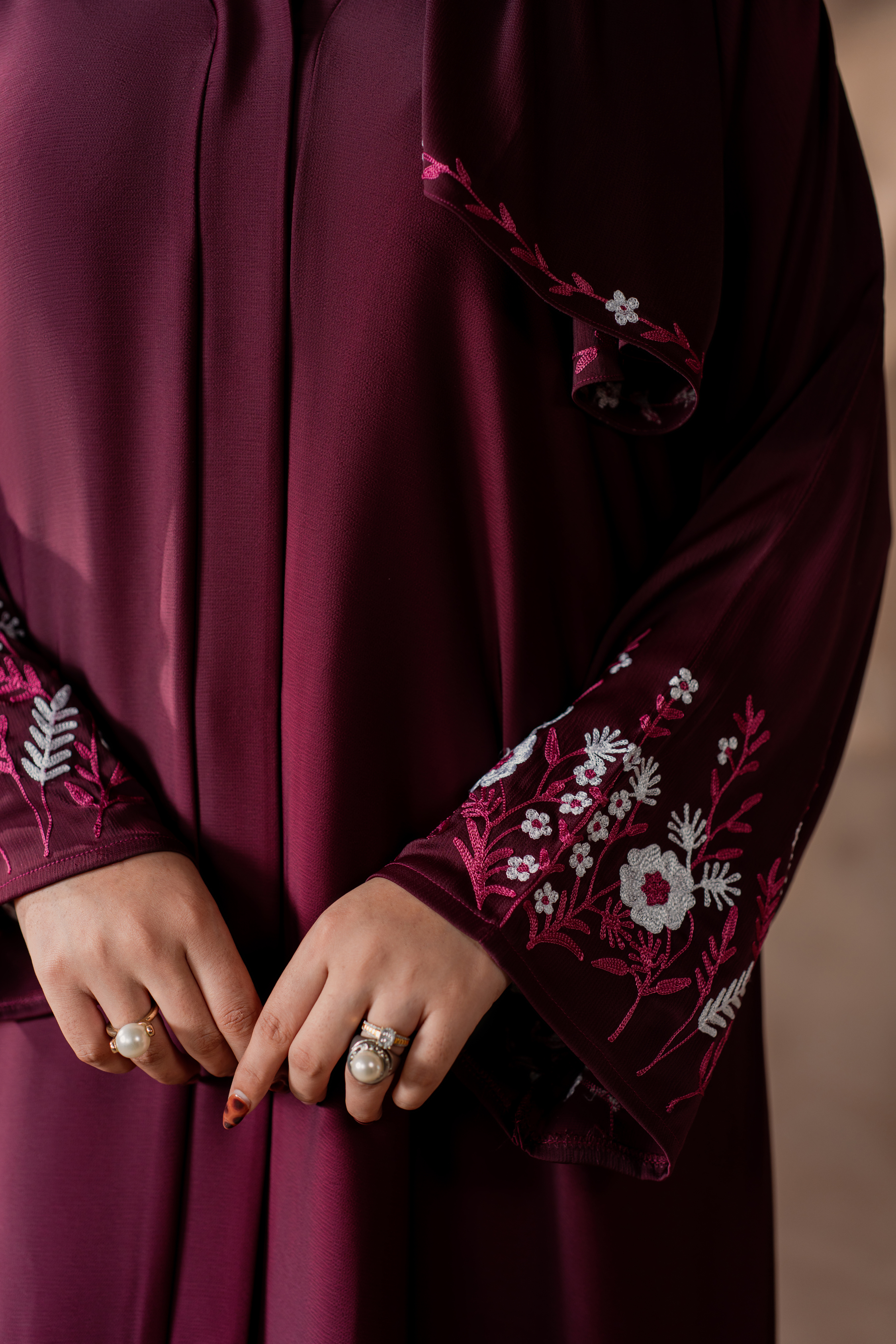 Maroon color front open nida abaya with matching hijab