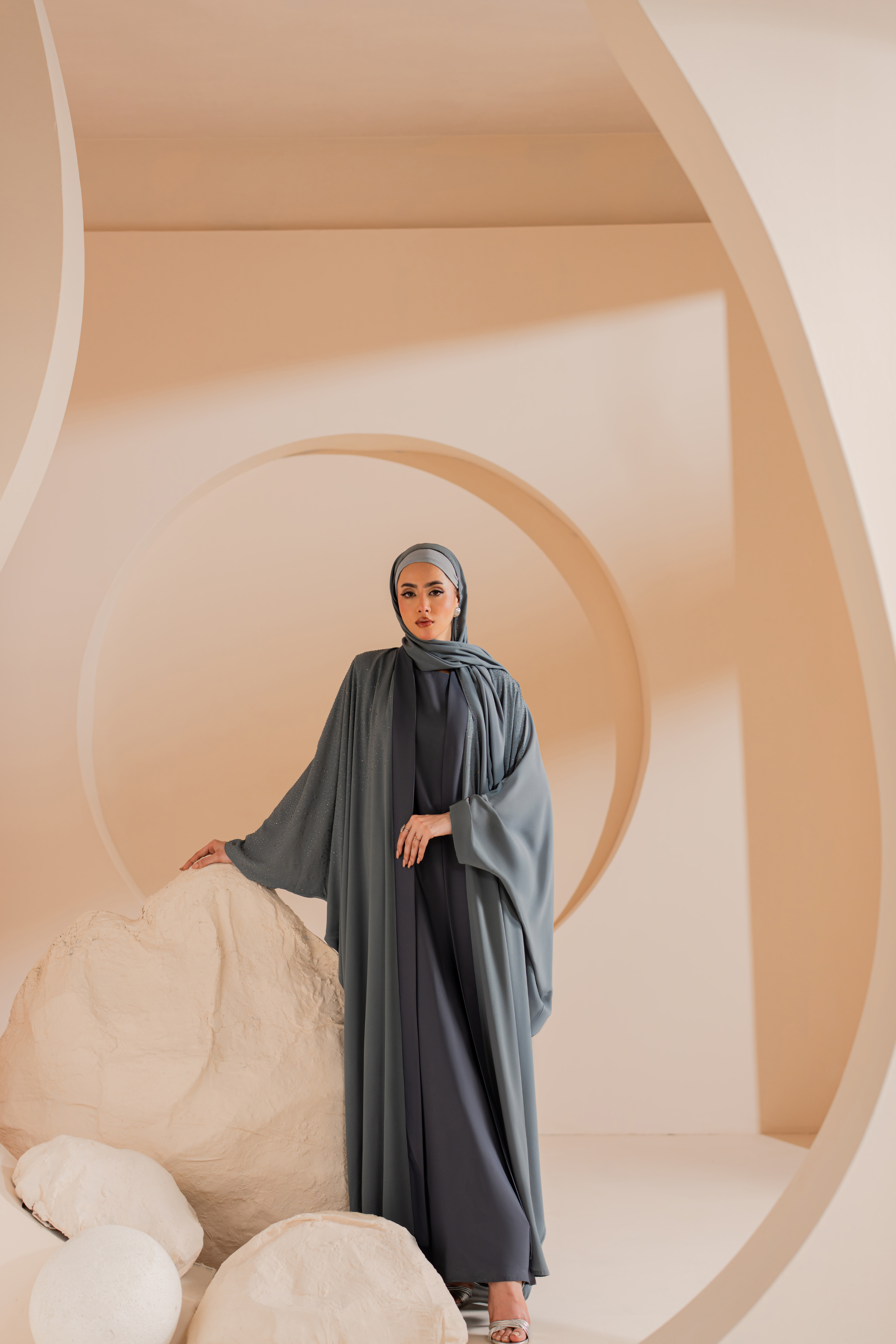 Gray 3 Set Chiffon front open abaya with Matching Hijab