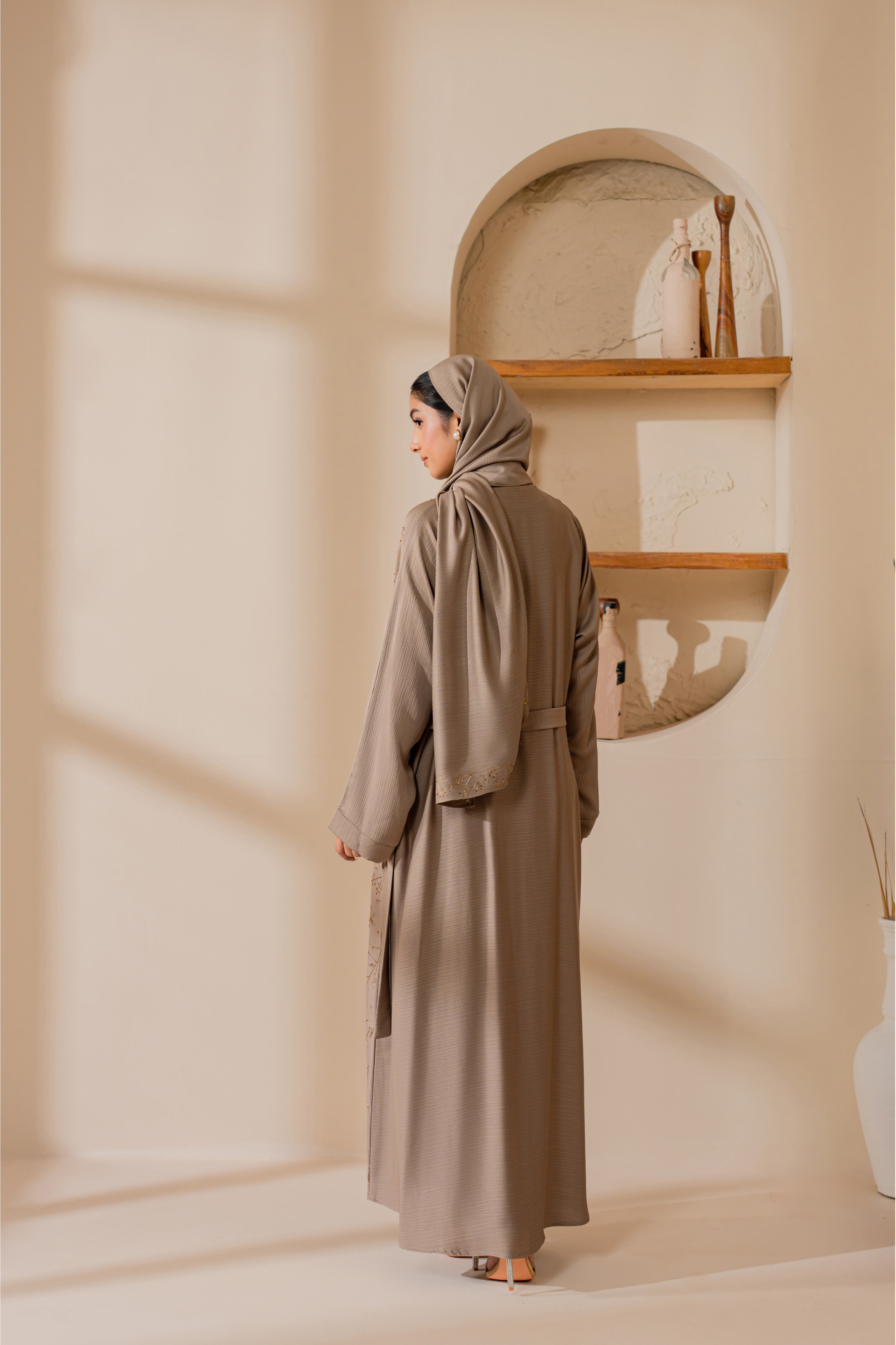 Skin Embroidered front open Chiffon abaya with matching Hijab