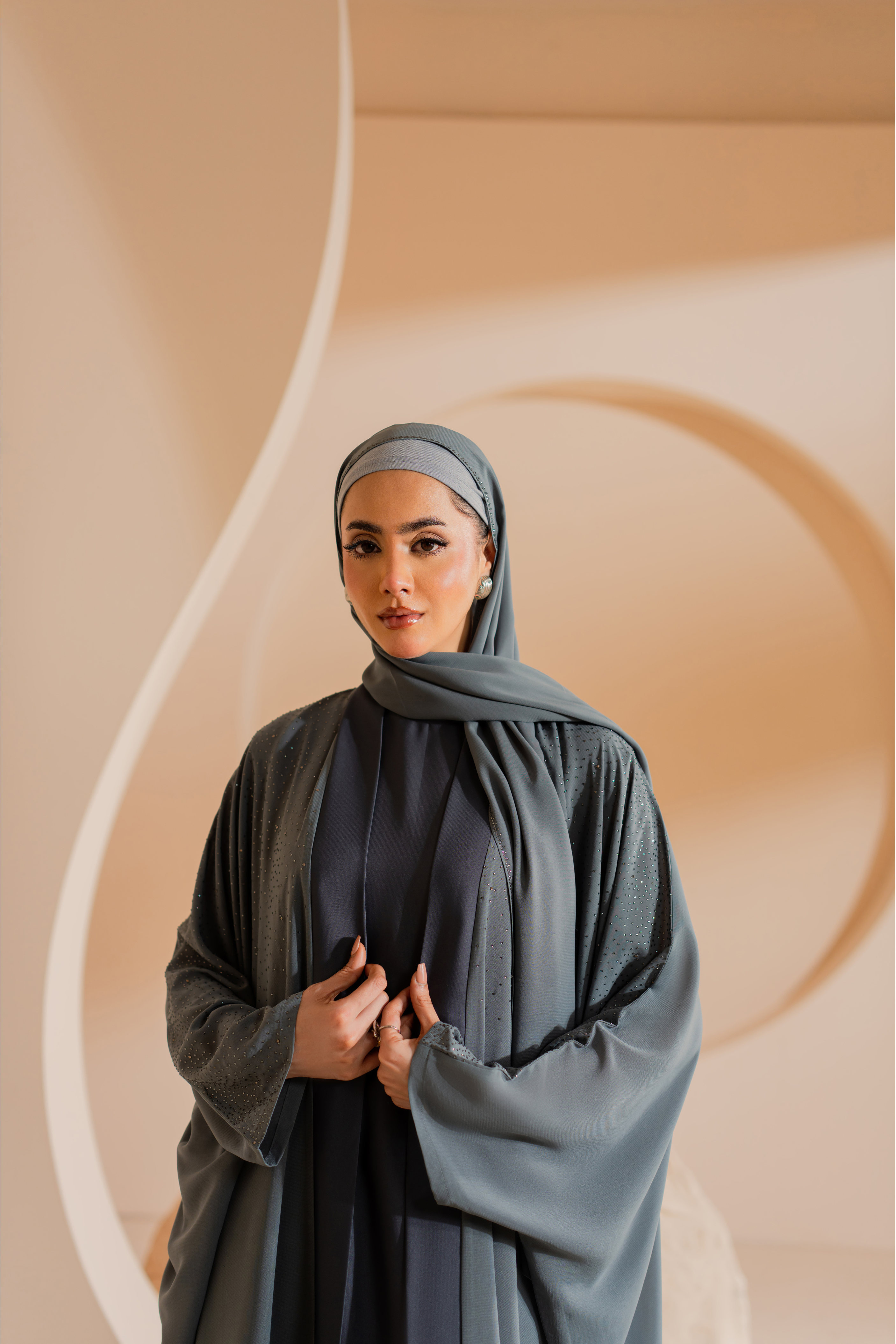 Gray 3 Set front open Chiffon abaya with Matching Hijab