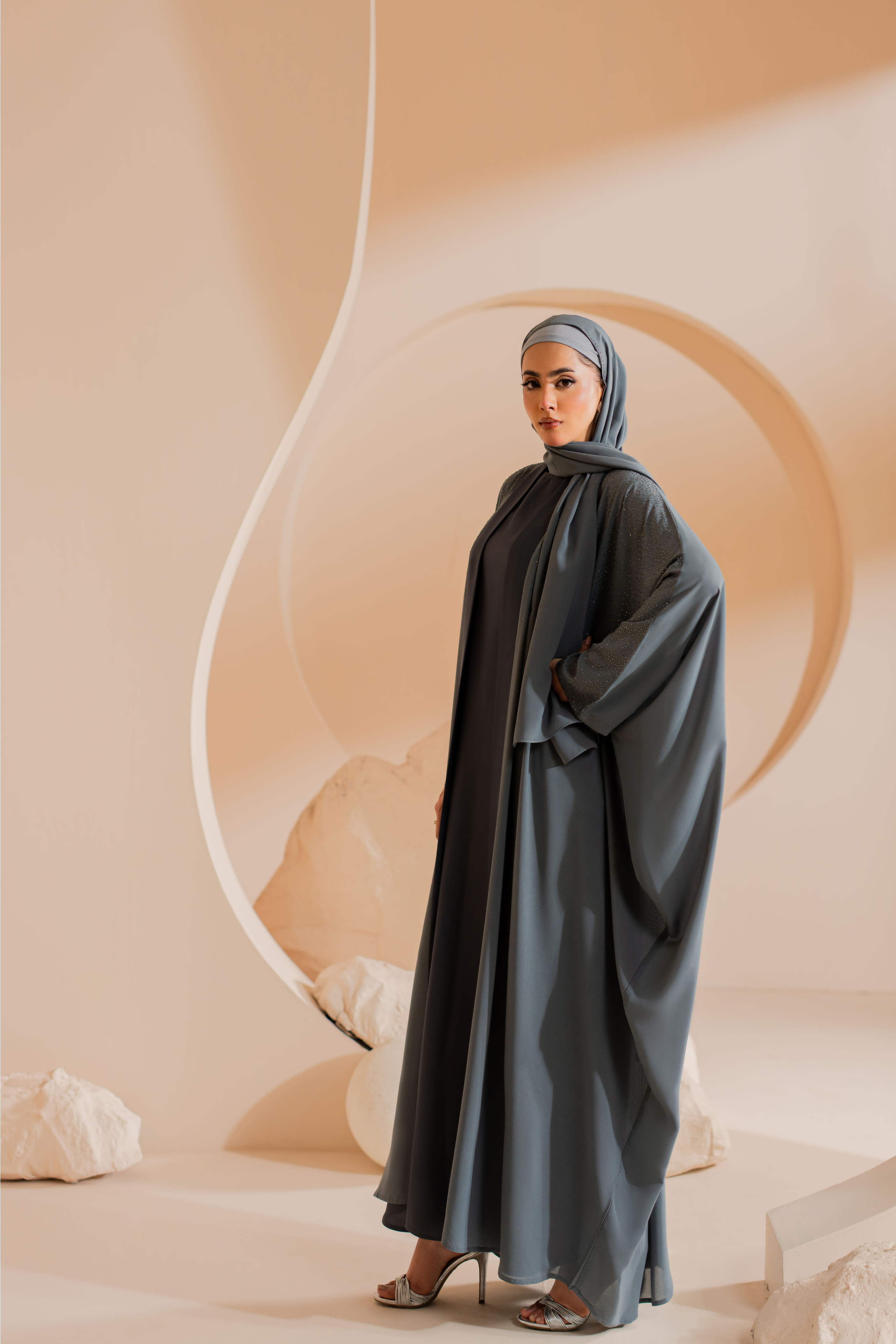 Gray 3 Set Chiffon front open abaya with Matching Hijab