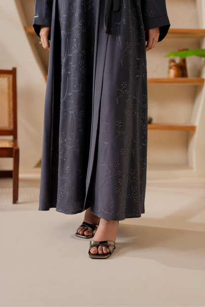 Gray Embroidered front open abaya with matching Hijab