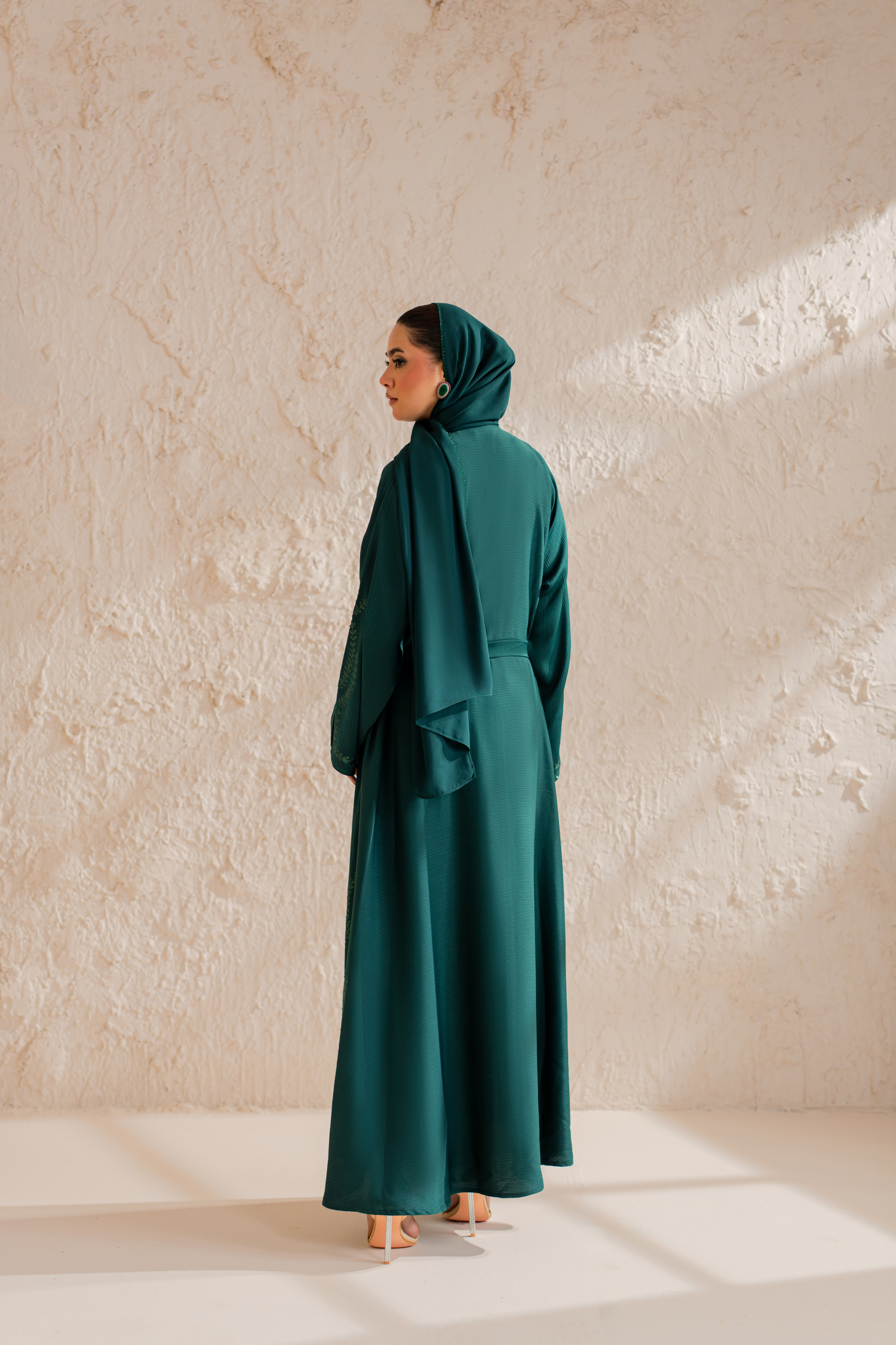 dark green nida front open abaya with matching hijab