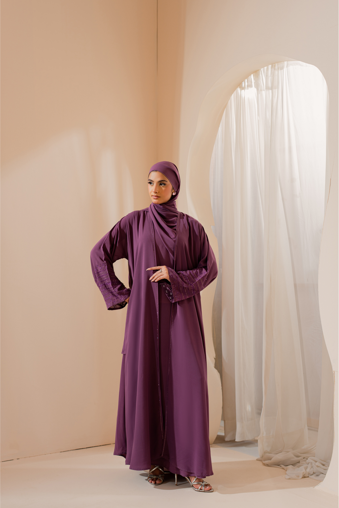 Pink Embroidered front open abaya with matching Hijab