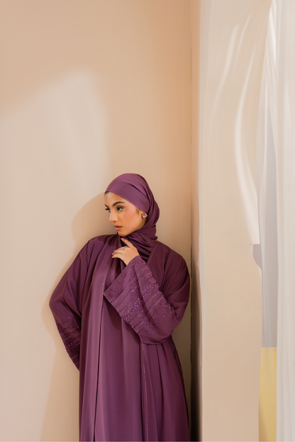 Pink Embroidered front open abaya with matching Hijab