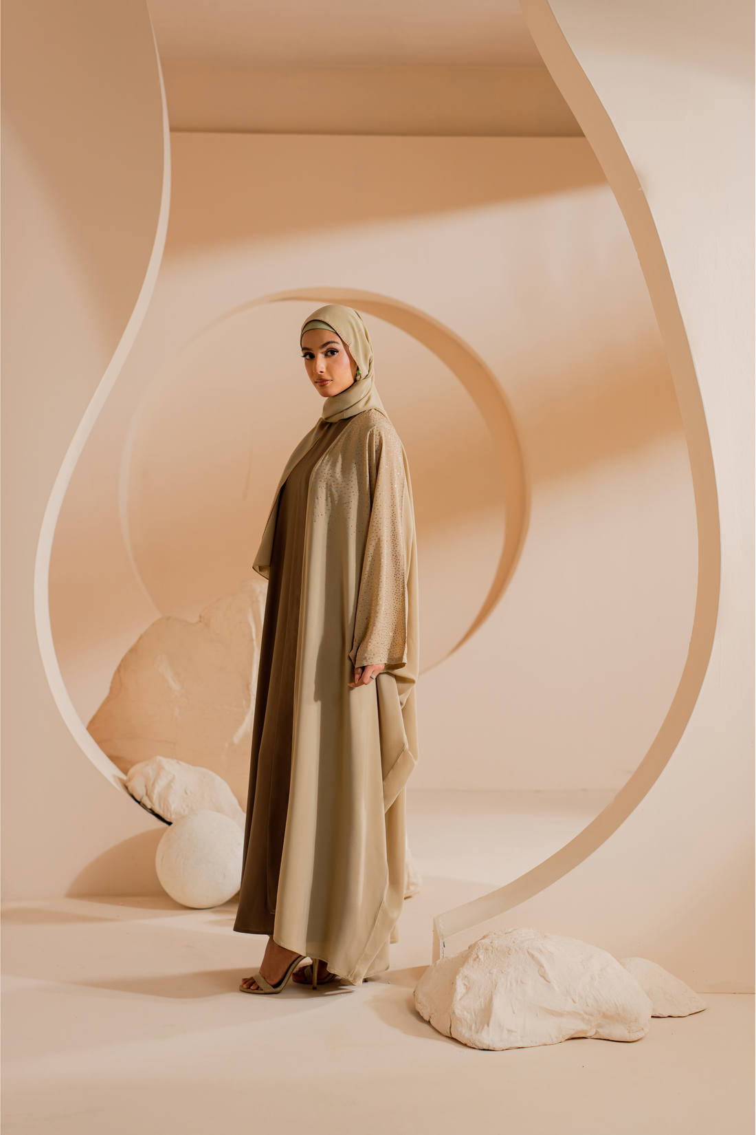 camel 3 Set front open abaya with Matching Hijab