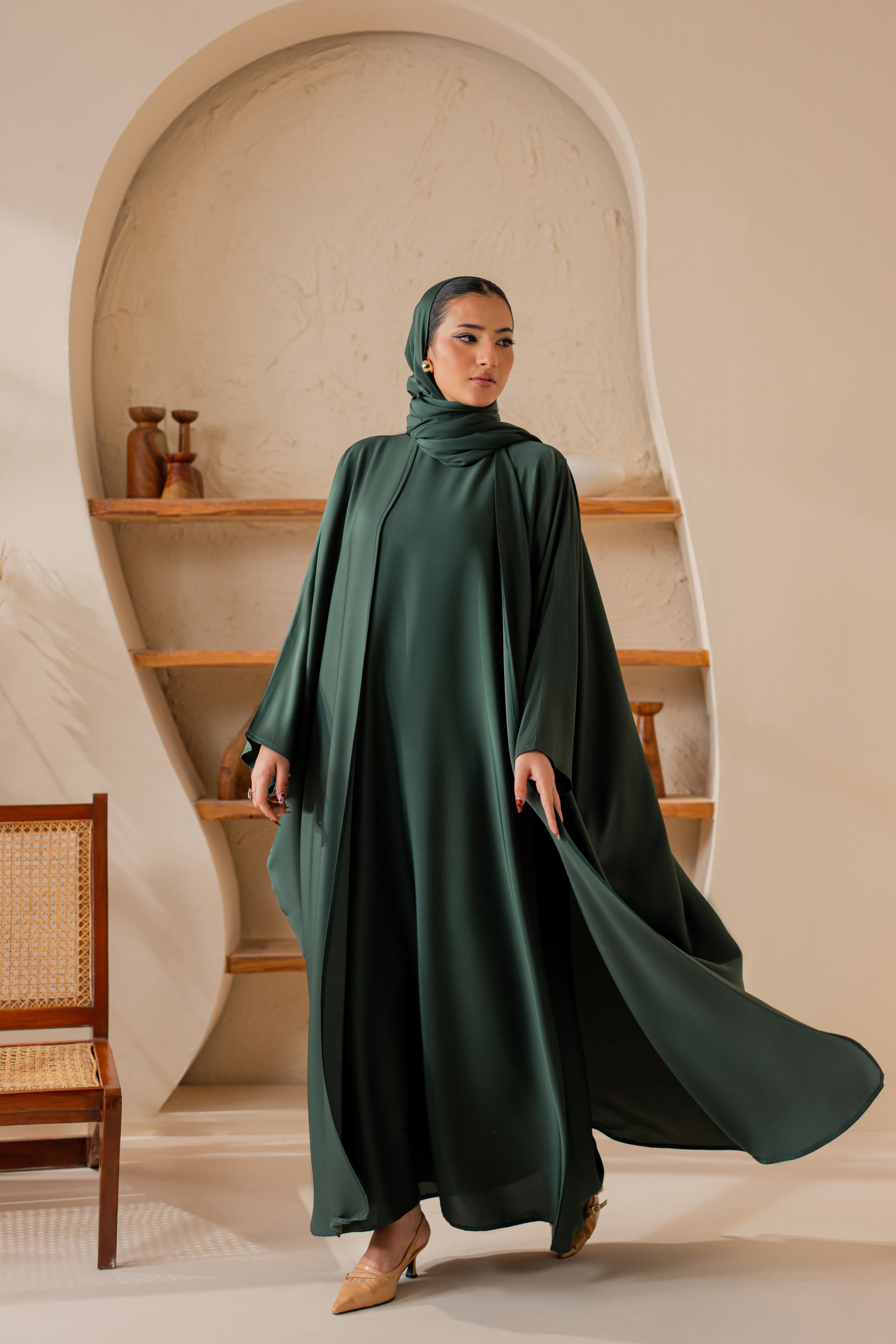 Green front open nida abaya with matching hijab