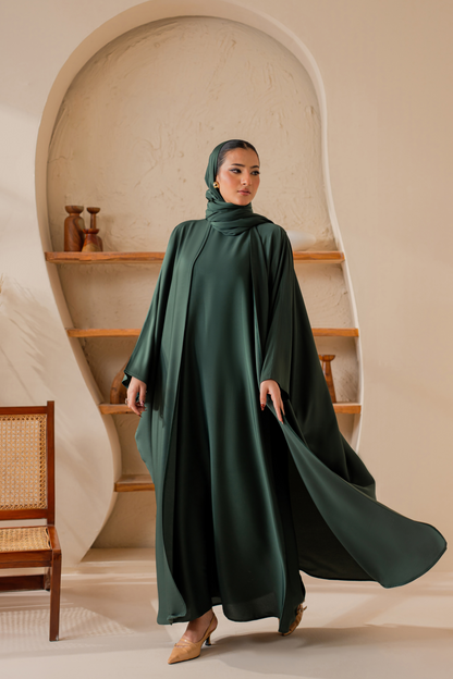 Green front open nida abaya with matching hijab