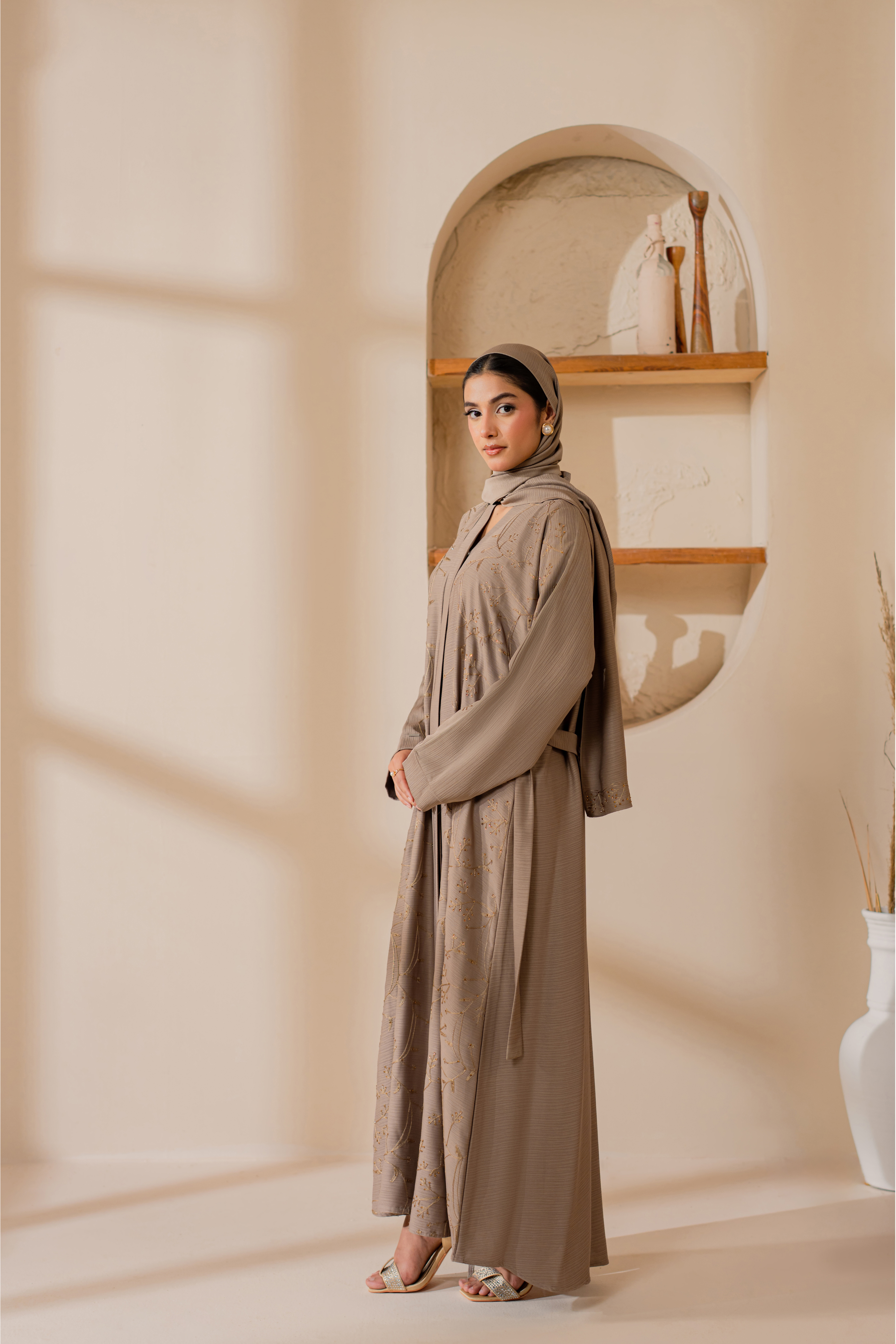 Skin Embroidered front open Chiffon abaya with matching Hijab