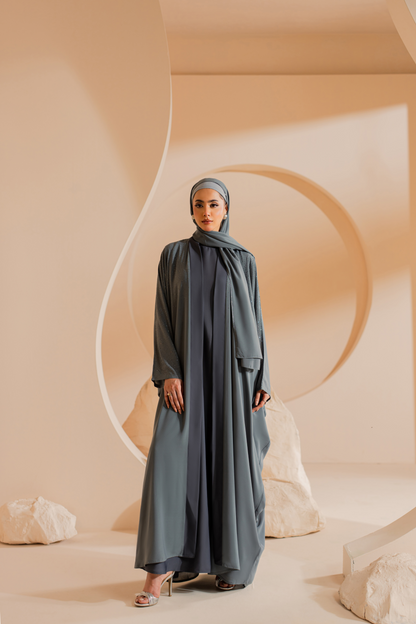 Gray 3 Set front open Chiffon abaya with Matching Hijab