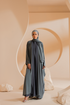 Gray 3 Set front open Chiffon abaya with Matching Hijab