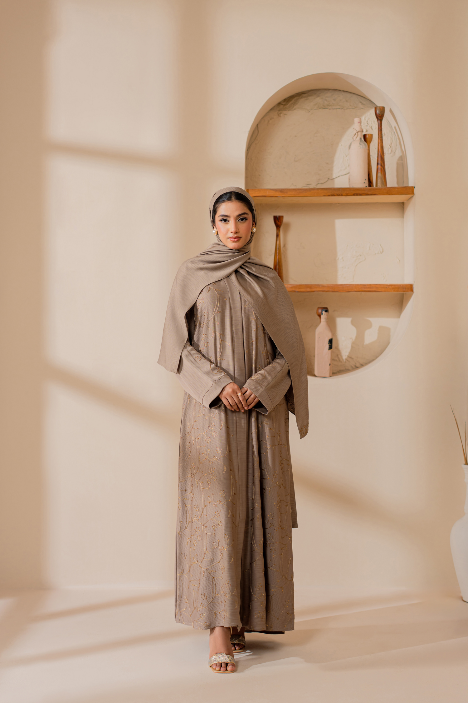 Skin Embroidered front open Chiffon abaya with matching Hijab