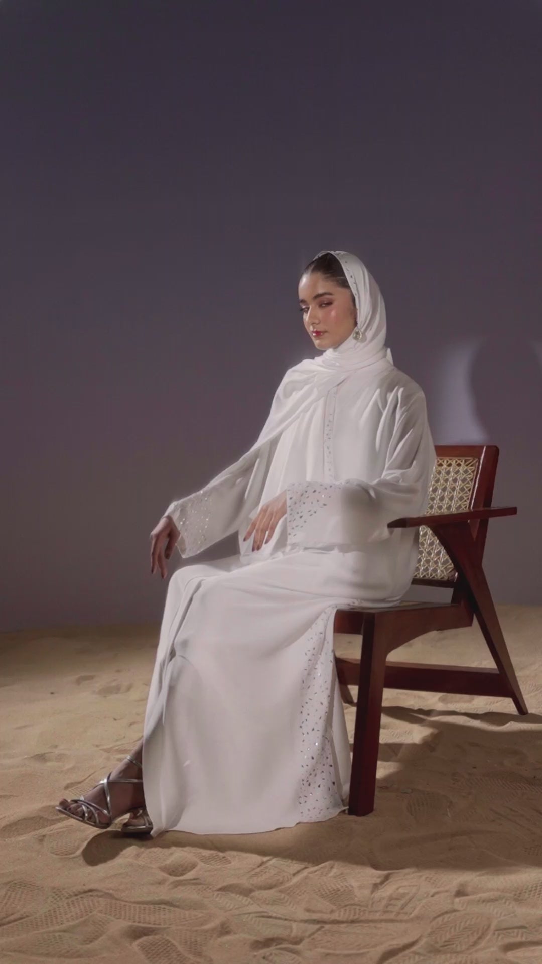 Elegant White Open Abaya with Handcrafted Crystal Detailing